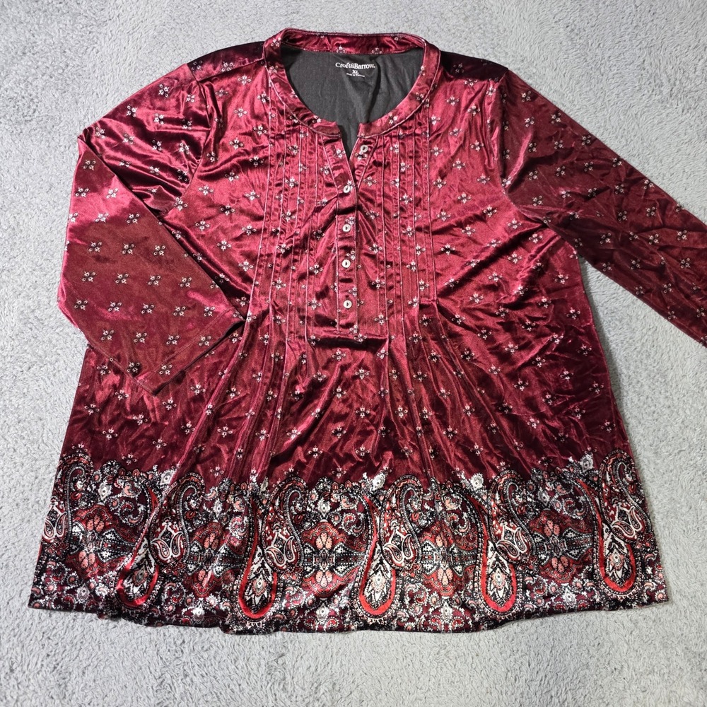 croft & barrow Burgundy Paisley Velvet Pintuck Tunic